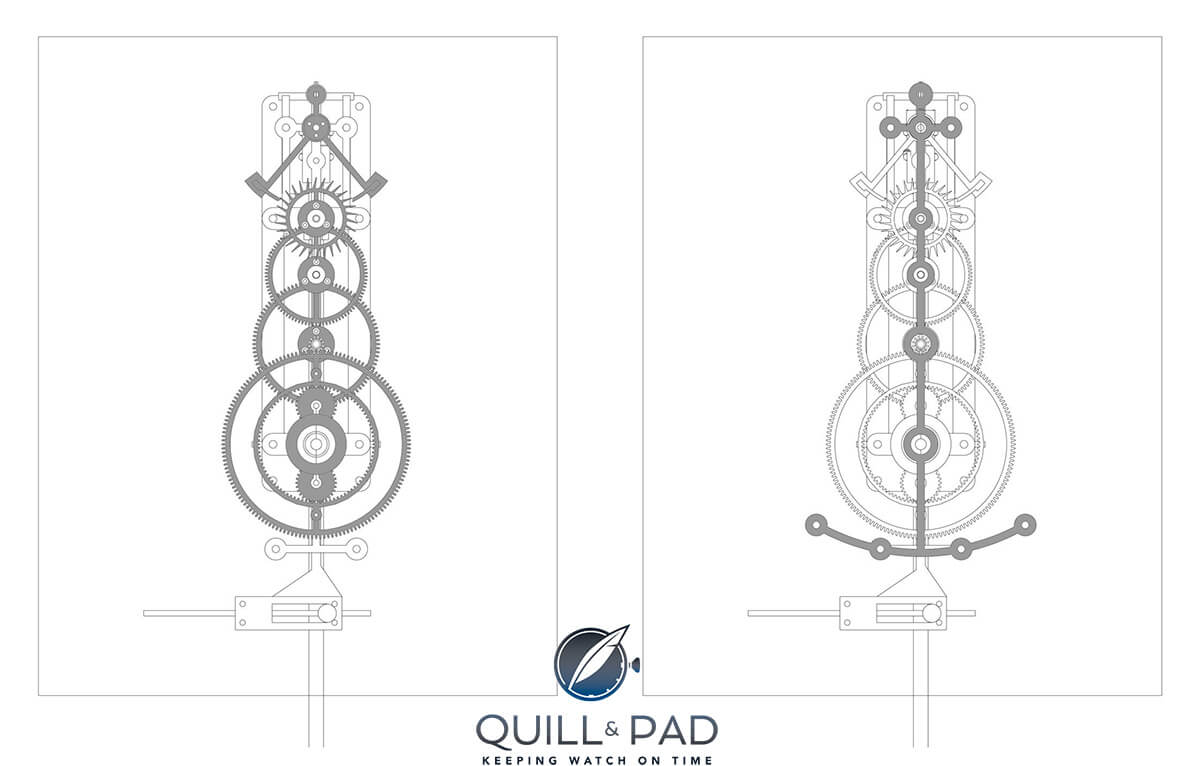 Technical drawings of Dilip Sivaraman's Gato movement front and back