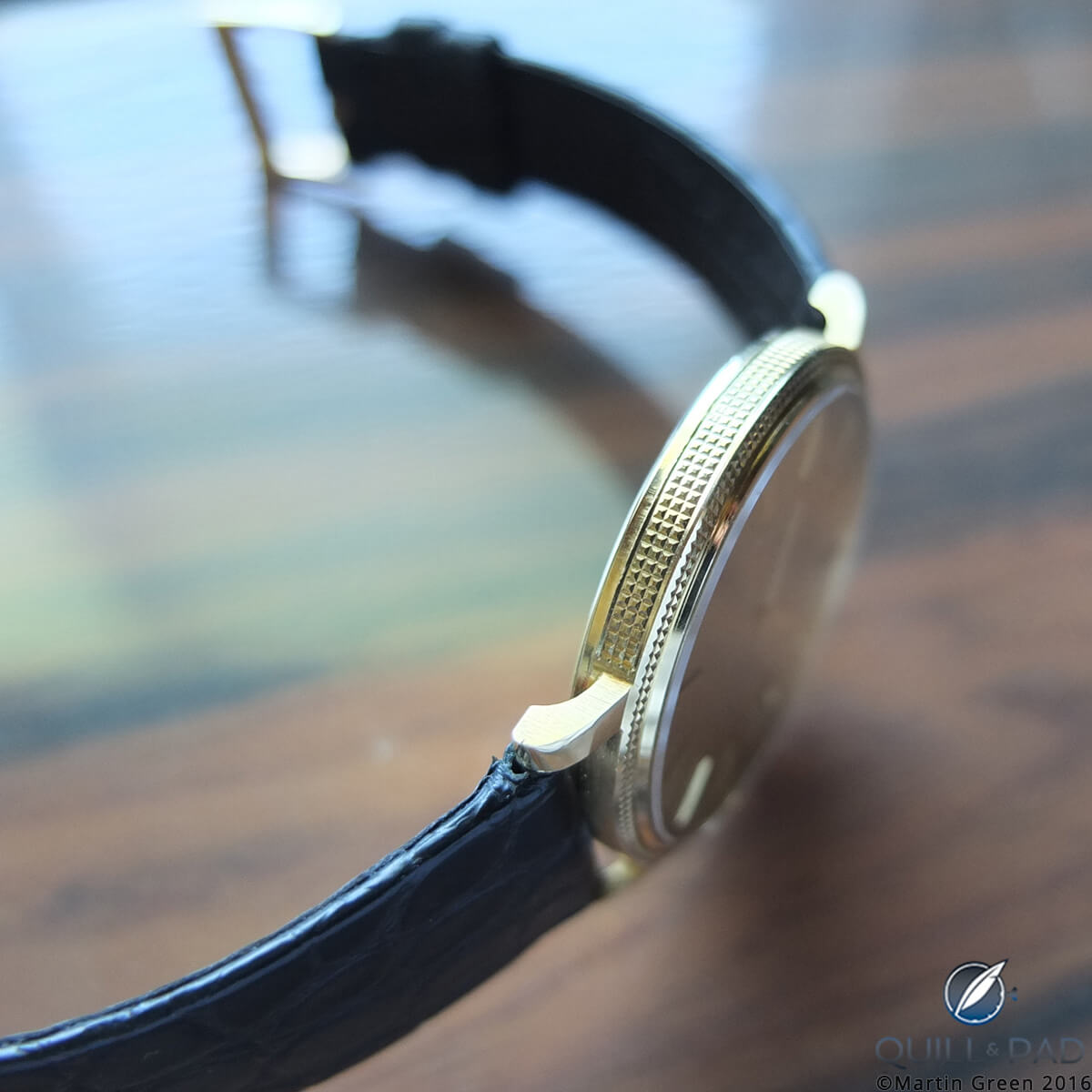Clous de Paris engraving extends around the ultra-thin case band of this ultra-thin Piaget Caliber 12P model from 1969