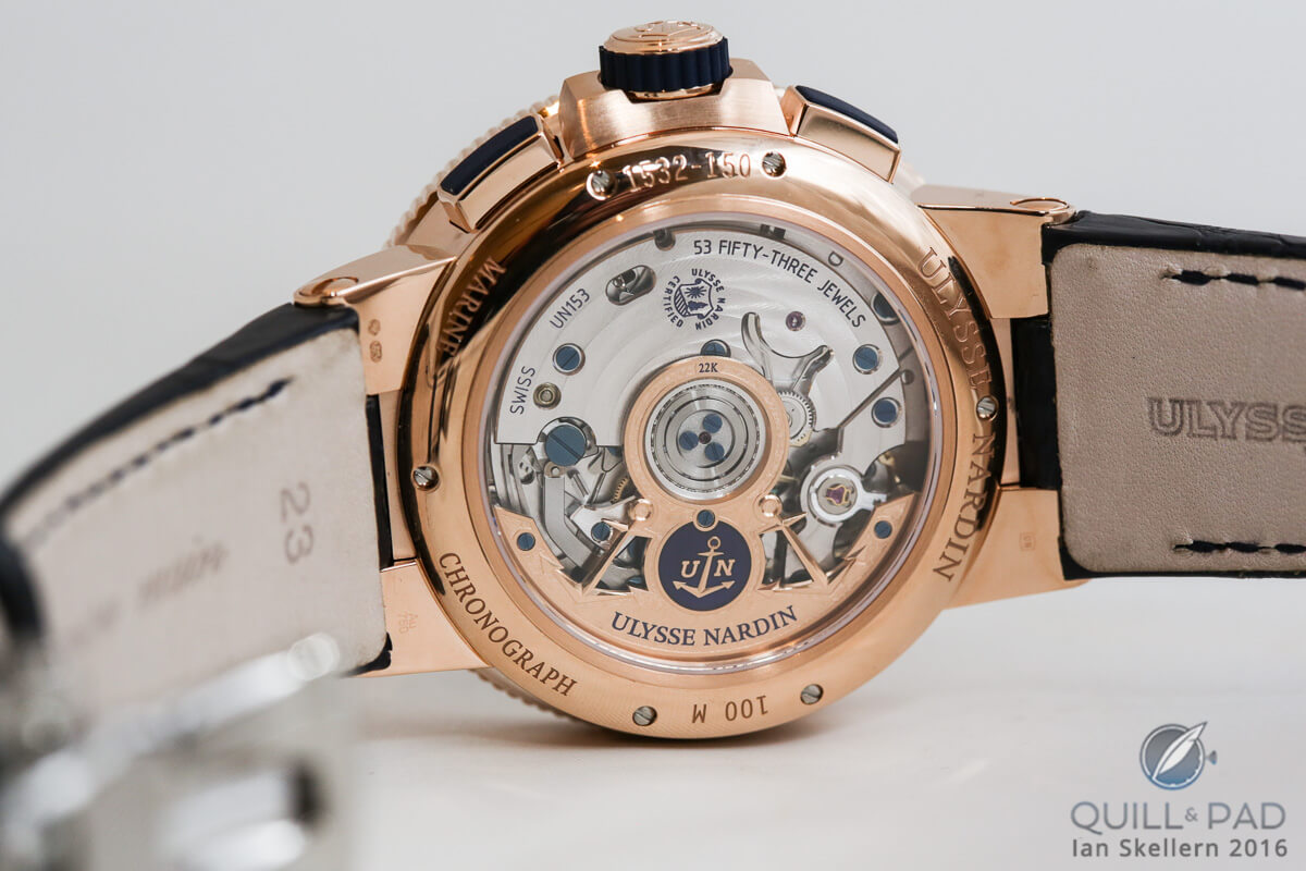 A view through the display back of the Ulysse Nardin Marine Chrono Annual Calendar to Caliber UN-153 within