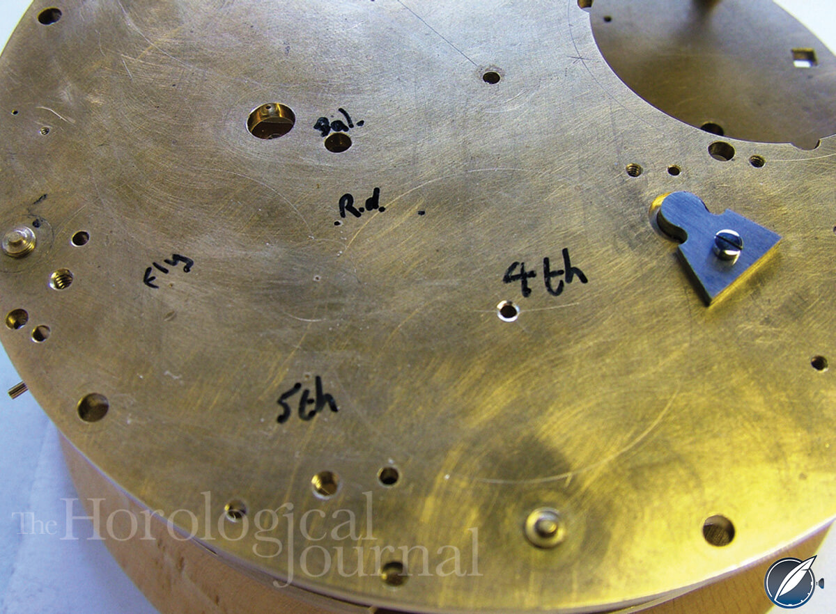 Positions for the fourth wheel, fifth wheel (remontoire locking wheel), fly, remontoire detent and balance center for Derek Pratt's H4 reconstruction (photo courtesy British Horological Journal)