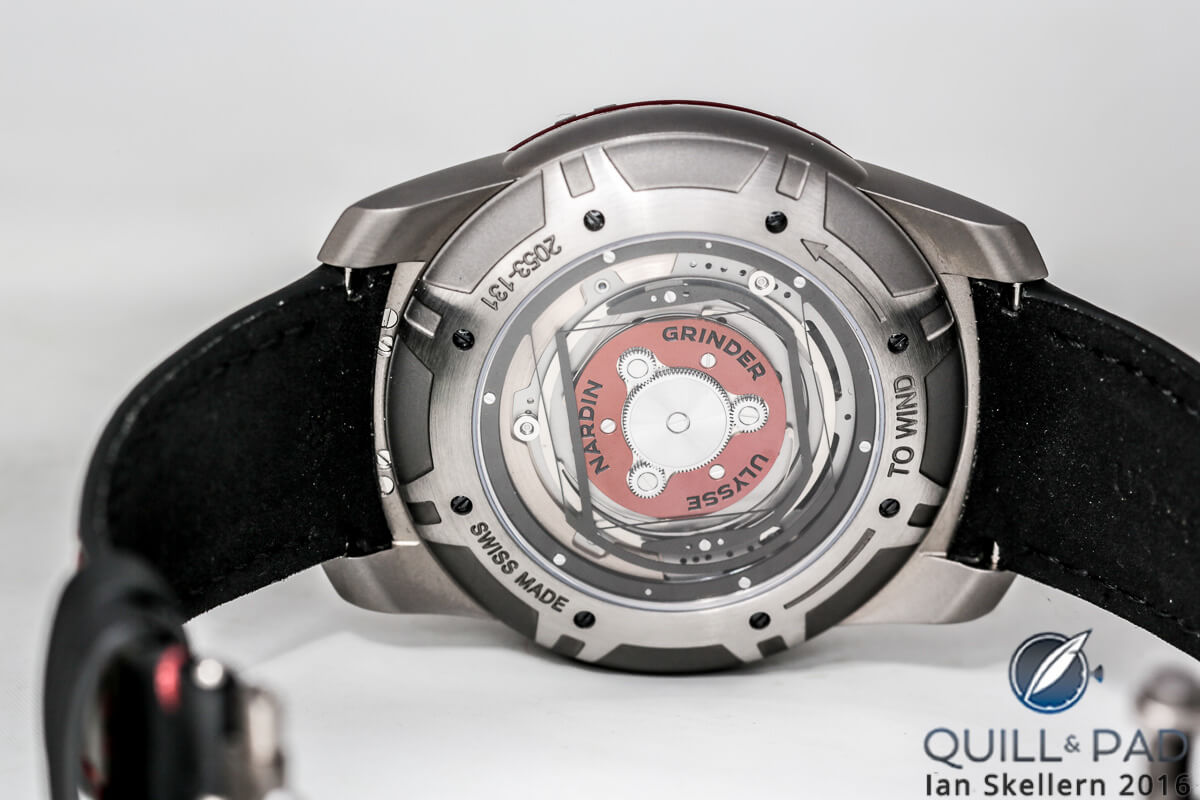TheGrinder winding mechanism visible through the display back of the Ulysse Nardin Innovision 2