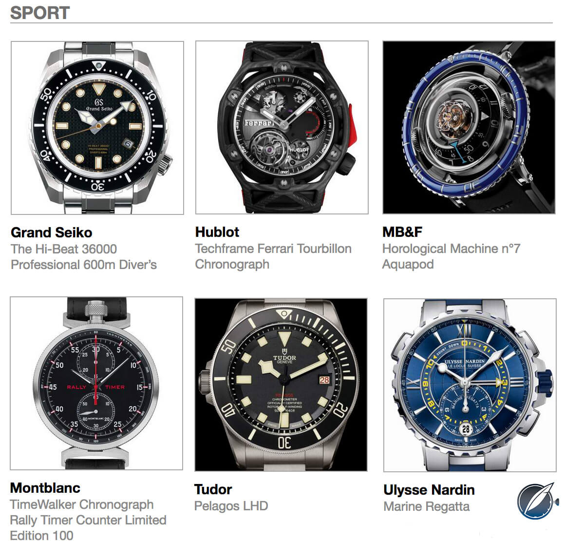 Pre-selected Sports watches for the 2016 GPHG above clockwise from top left: Grand Seiko The Hi-Beat 36000 Professional 600m Diver’s, Hublot Techframe Ferrari Tourbillon Chronograph, MB&F Horological Machine No7 Aquapod, Montblanc TimeWalker Chronograph Rally Timer Counter Limited Edition 100, Tudor Pelagos LHD, and Ulysse Nardin Marine Regatta