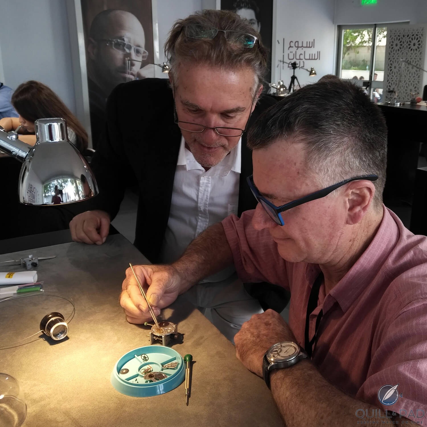 Quill & Pad co-founder Ian Skellern giving (in his dream) Antoine Preziuso a masterclass in watchmaking
