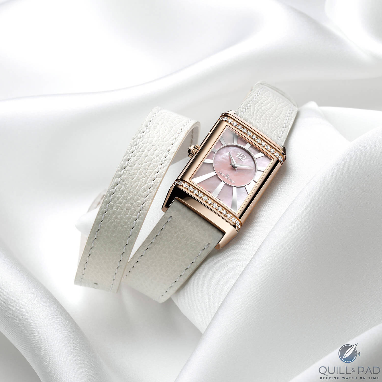 Jaeger-LeCoultre Grande Reverso Lady Ultra Thin Duetto Duo on white Valextra strap
