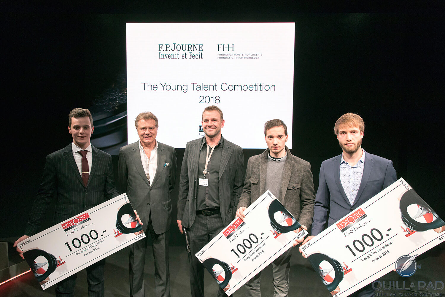 Winners of the 2017 F.P. Journe-FHH Young Talent Competition and award givers: L-R Rémy Cools, François-Paul Journe, Eric Zuccatti (Horotec), Théo Auffrey and Charles Routhier