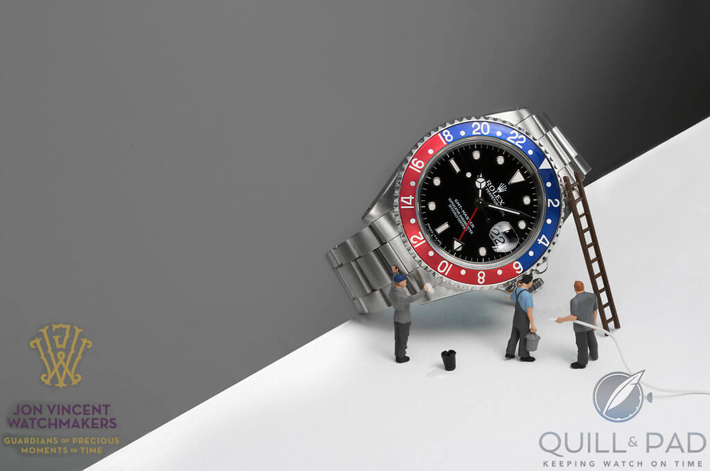 Mini watchmakers cleaning a Rolex Submariner (photo courtesy Susan Castillo/Jon Vincent Watchmakers)