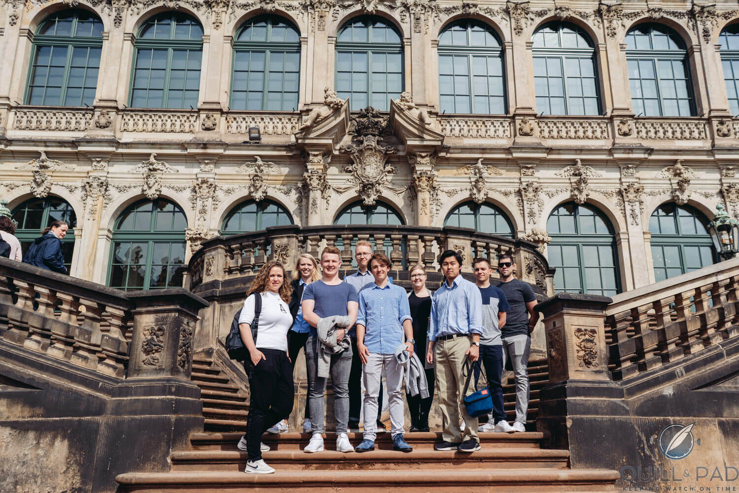 The eight competitors with the author (far right) in front of the Mathematics & Physics Salon at Dresden’s Zwinger (photo courtesy Erik Gross/A. Lange & Söhne)