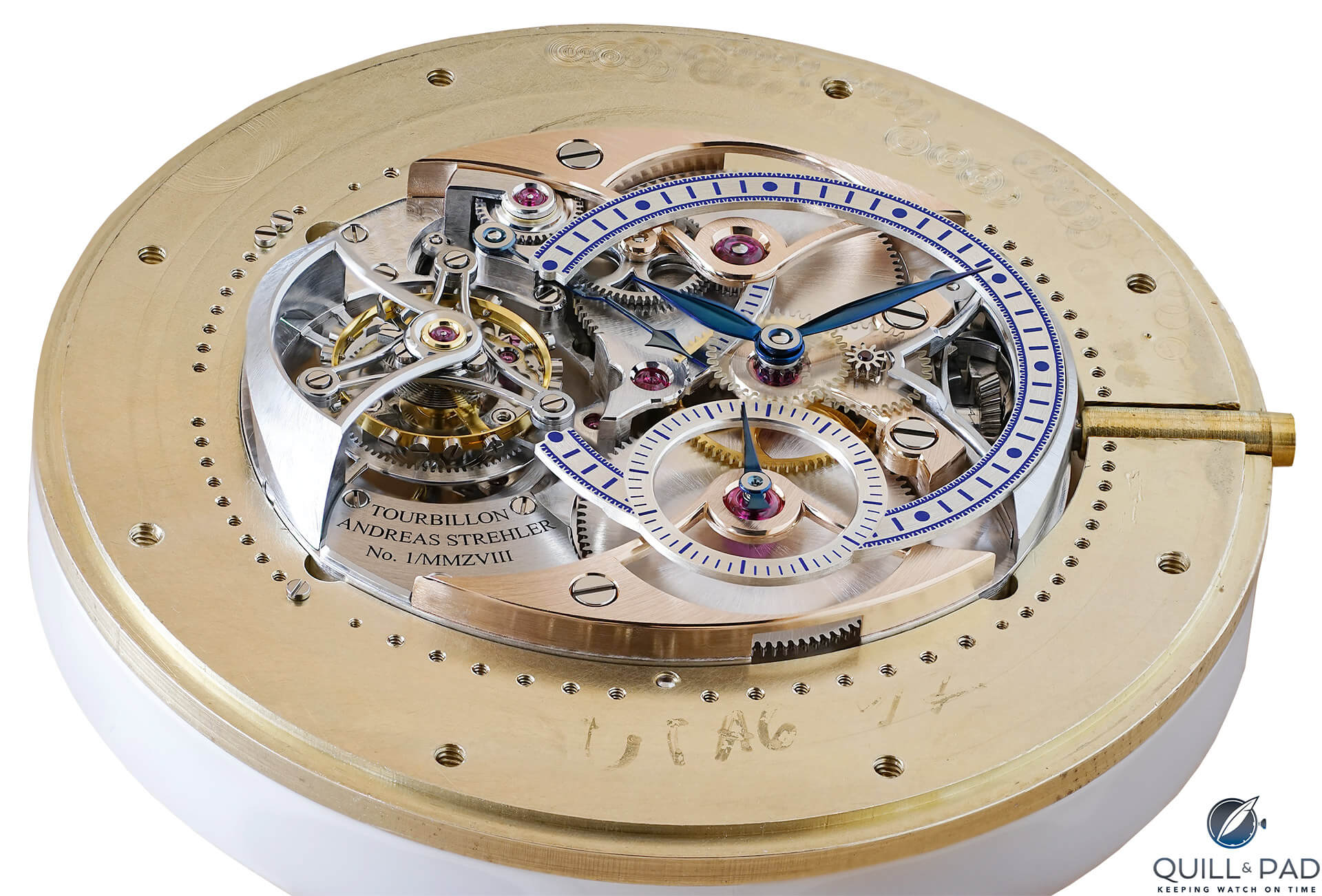 Andreas Strehler Trans-Axial Remontoir Tourbillon movement in holder