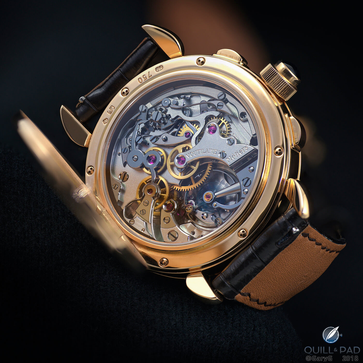 Case back view, unique Voutilainen chronograph in pink gold