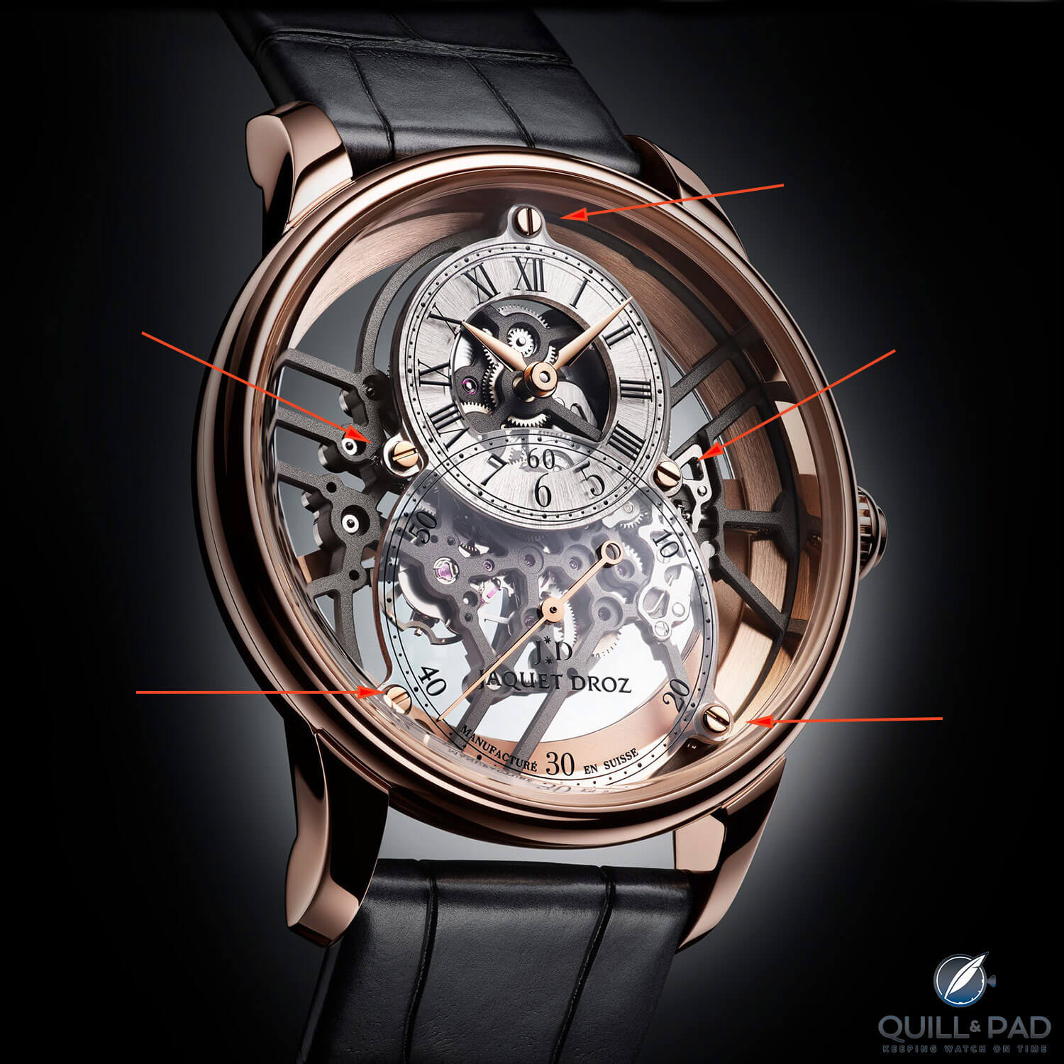 Aligned screw heads on the Jaquet Droz Grand Seconde Skelet-One