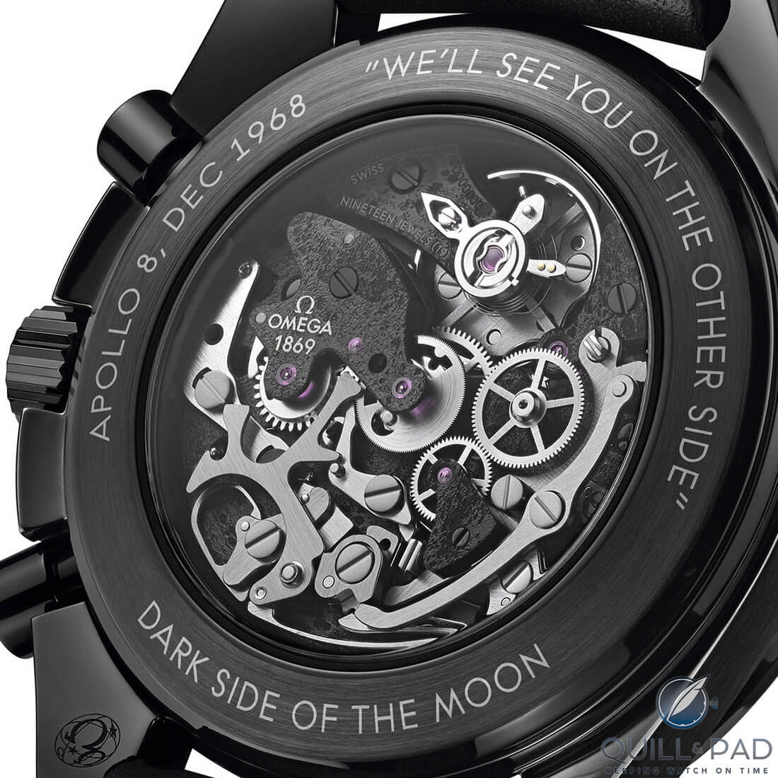 View of the back of the Omega Speedmaster Dark Side Of The Moon Apollo 8