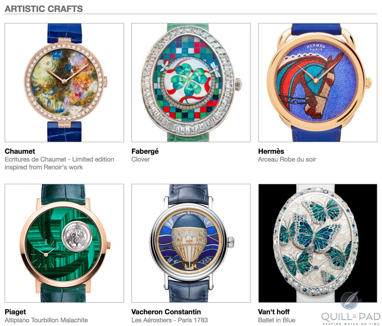 Artistic Crafts category pre-selected watches for the 2018 Grand Prix d’Horlogerie de Genève,clockwise from top left: Chaumet Ecritures de Chaumet, Fabergé Clover, Hermès Arceau Robe du Soir, Piaget Altiplano Tourbillon Malachite, Vacheron Constantin Les Aérostiers Paris 1783, and Van’t hoff Ballet in Blue
