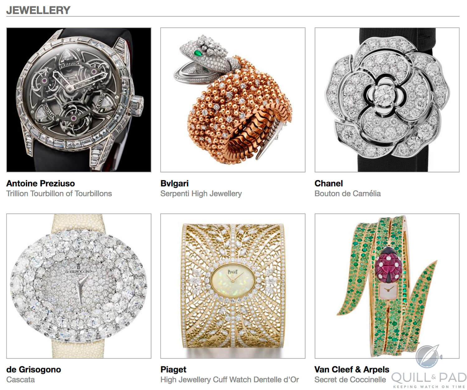 Jewellery category pre-selected watches for the 2018 Grand Prix, clockwise from top left: Antoine Preziuso Trillion Tourbillon of Tourbillons, Bulgari Serpenti High Jewellery, Chanel Bouton de Camélia, de Grisogono Cascata, Piaget High Jewellery Cuff Watch Dentelle d’Or, and Van Cleef & Arpels Secret de Coccinelle d’Horlogerie de Genève