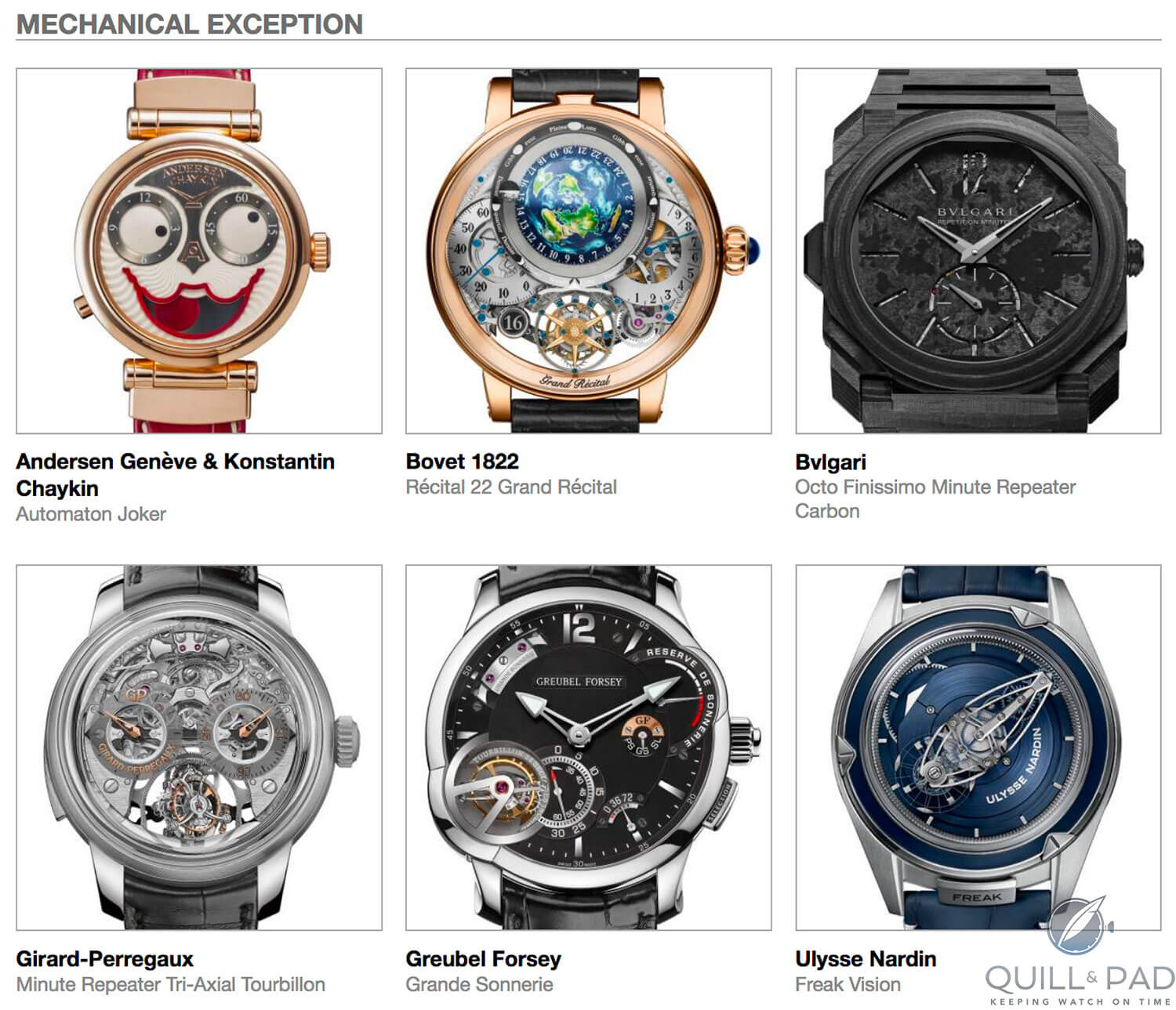 Mechanical-Exception category pre-selected watches for the 2018 Grand Prix d’Horlogerie de Genève, clockwise from top left: Andersen Genève & Konstantin Chaykin Automaton Joker, Bovet 1822 Récital 22 Grand Récital, Bulgari Octo Finissimo Minute Repeater Carbon, Girard-Perregaux Minute Repeater Tri-Axial Tourbillon, Greubel Forsey Grande Sonnerie, and Ulysse Nardin Freak Vision