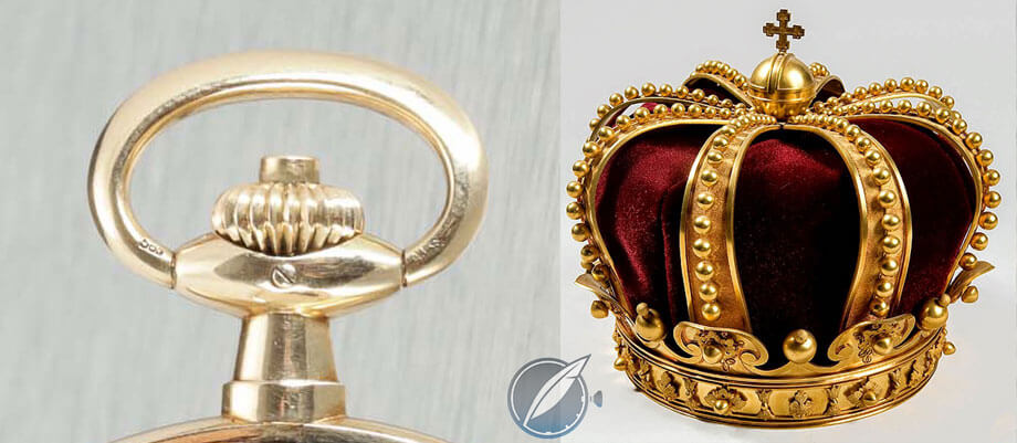Crown of an A. Lange & Söhne pocket watch (left) and crown of Queen Elizabeth of Romania