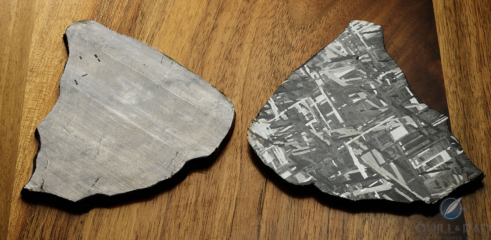 Henbury meteorite pieces before (left) and after nitric acid treatment in preparation for transformation into a dial for the Romain Gauthier Prestige HMS Meteorite
